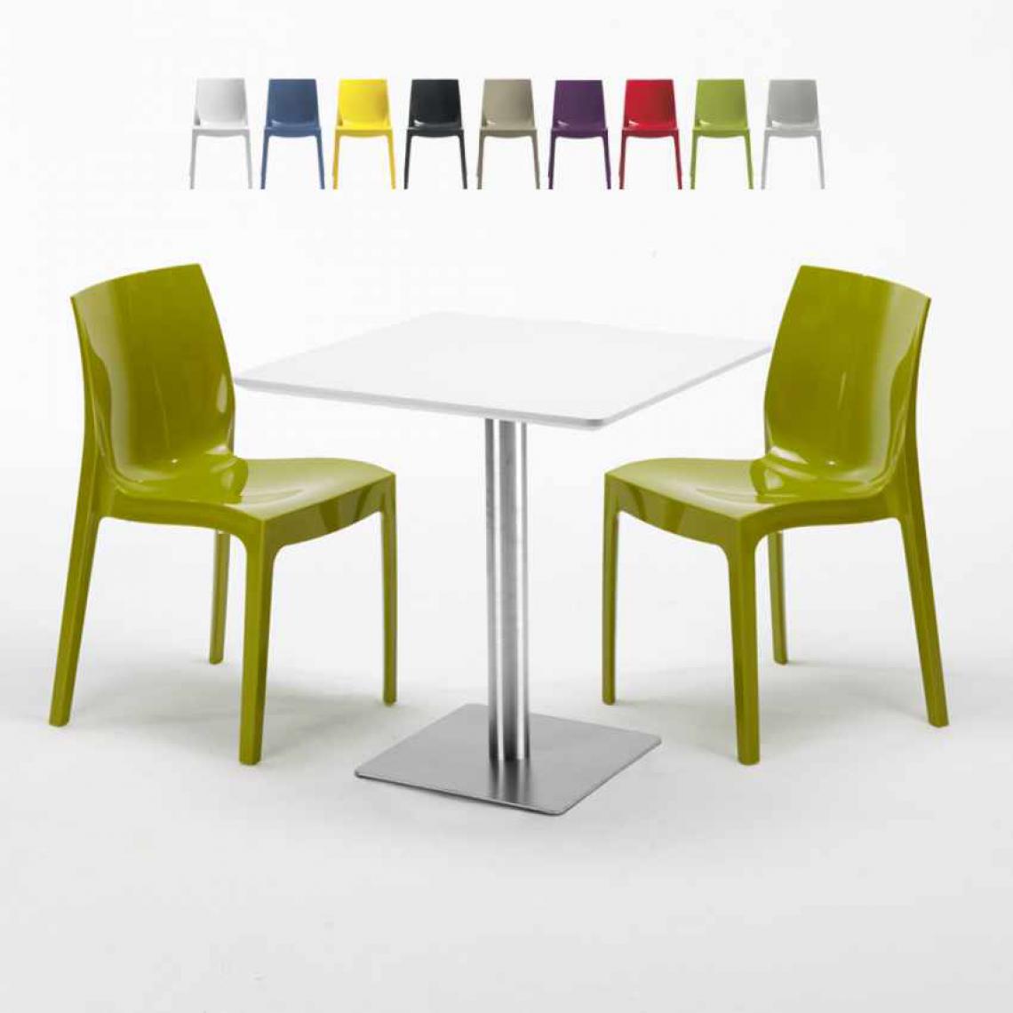 Grand Soleil - Table carrée blanche 70x70 avec pied en acier et 2 chaises colorées Ice Strawberry, Couleur: Vert - Tables à manger