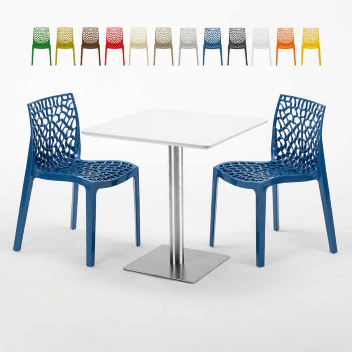 Grand Soleil - Table carrée blanche 70x70 avec pied en acier et 2 chaises colorées Gruvyer STRAWBERRY, Couleur: Bleu - Tables à manger
