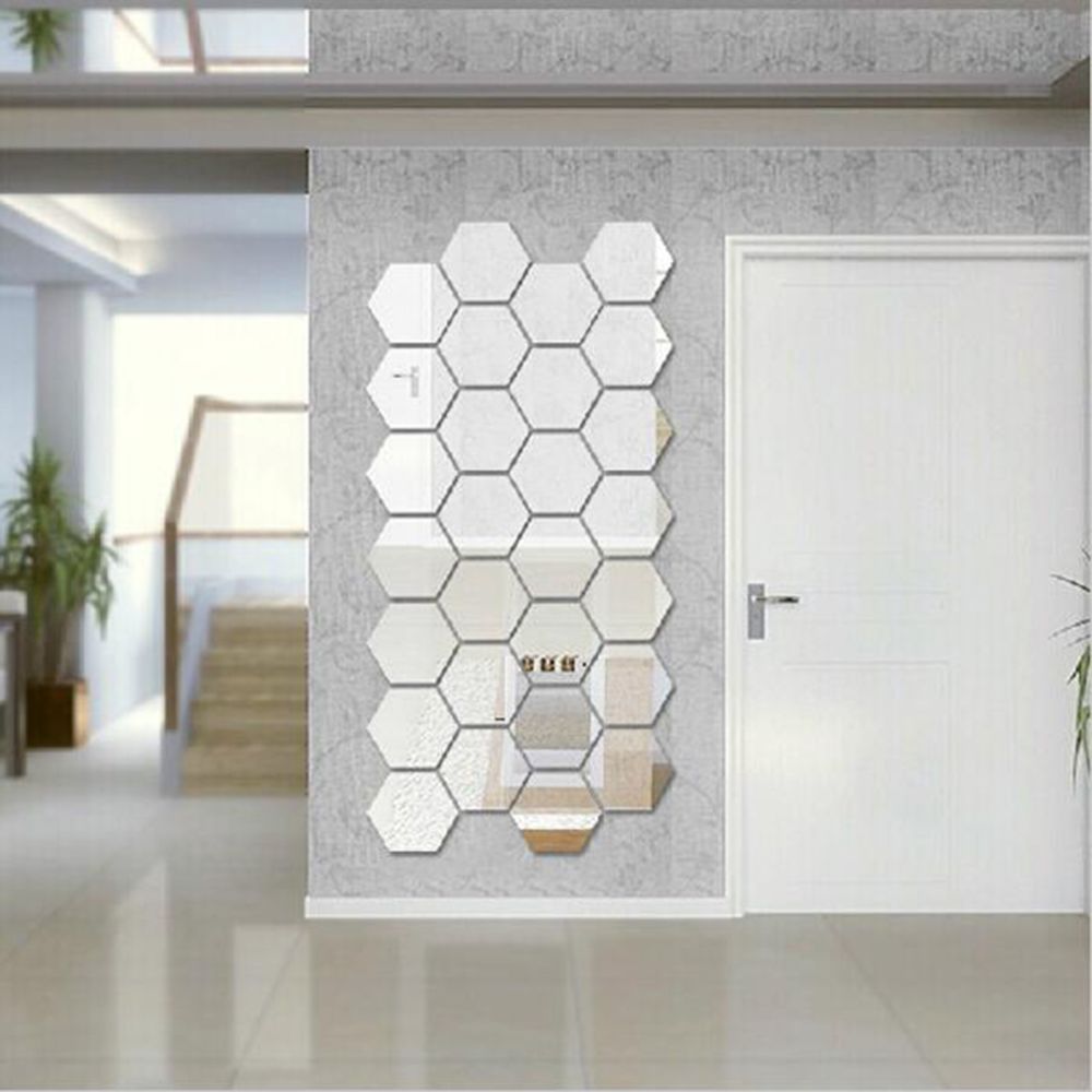 marque generique - 12pcs hexagone 3d stickers muraux miroir autocollant art décoration argent - Objets déco