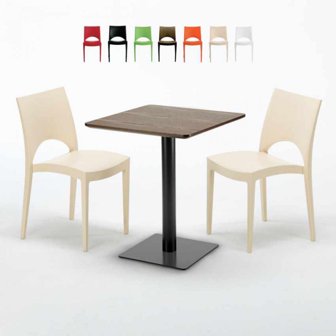 Grand Soleil - Table carrée 60x60 pied noir et plateau bois avec 2 chaises colorées Paris Kiss, Couleur: Beige - Tables à manger