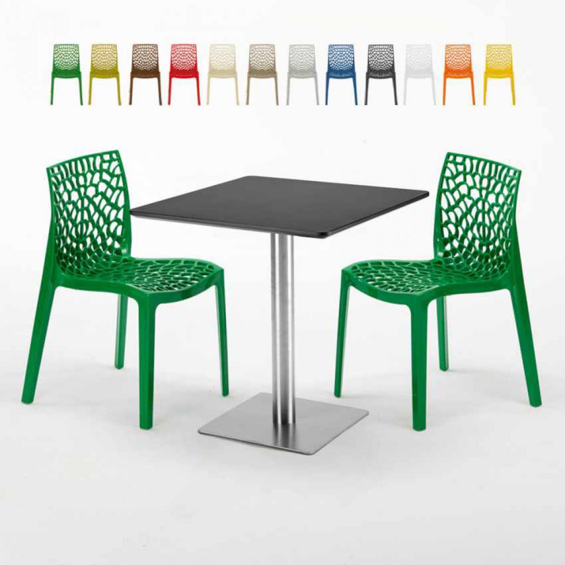 Grand Soleil - Table carrée noire 70x70 avec 2 chaises colorées Gruvyer Rum Raisin, Couleur: Vert - Tables à manger