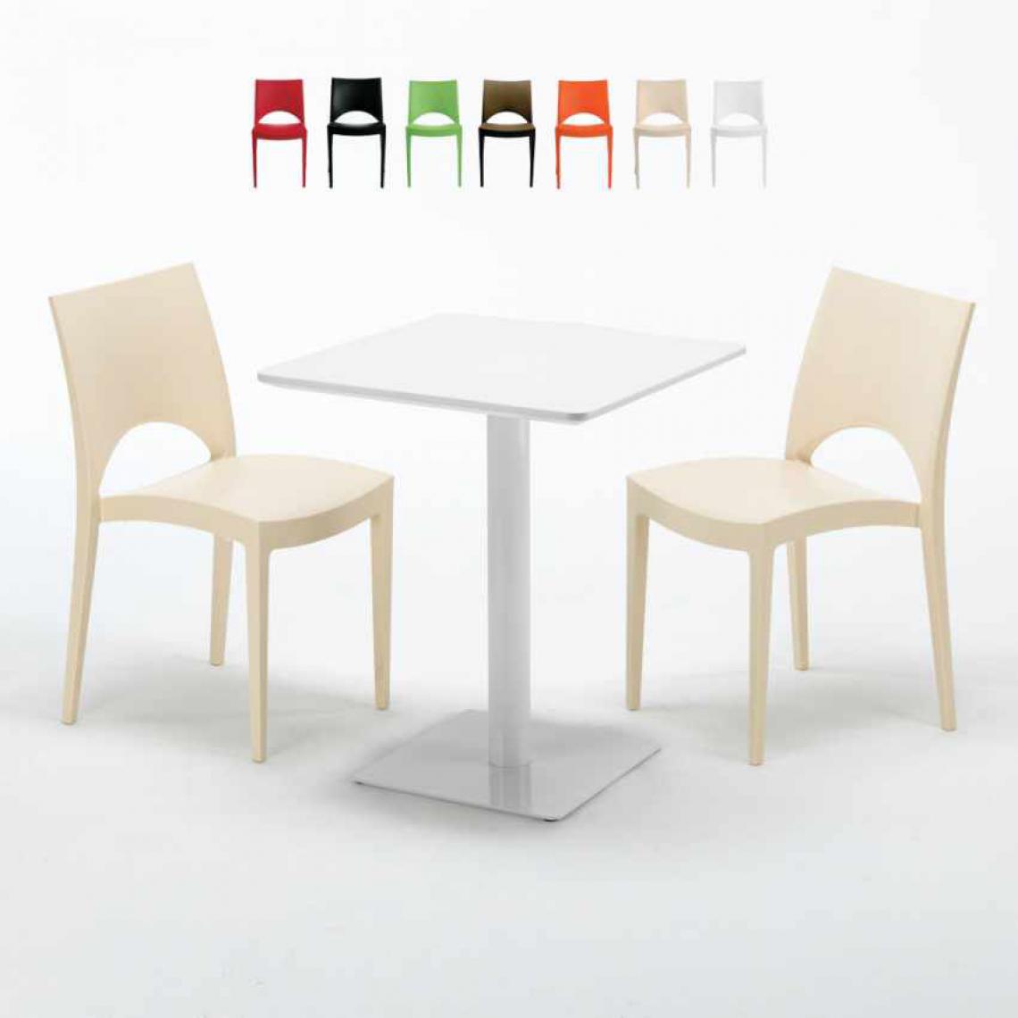 Grand Soleil - Table carrée 60x60 blanche avec 2 chaises colorées Paris Lemon, Couleur: Beige - Tables à manger