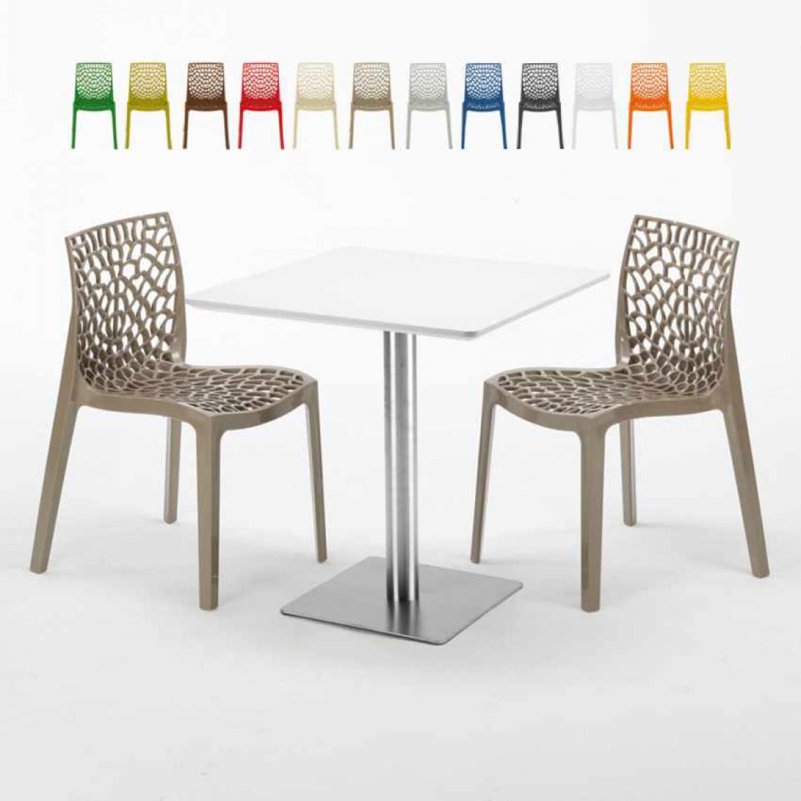 Grand Soleil - Table carrée blanche 70x70 avec pied en acier et 2 chaises colorées Gruvyer STRAWBERRY, Couleur: Beige Juta - Tables à manger