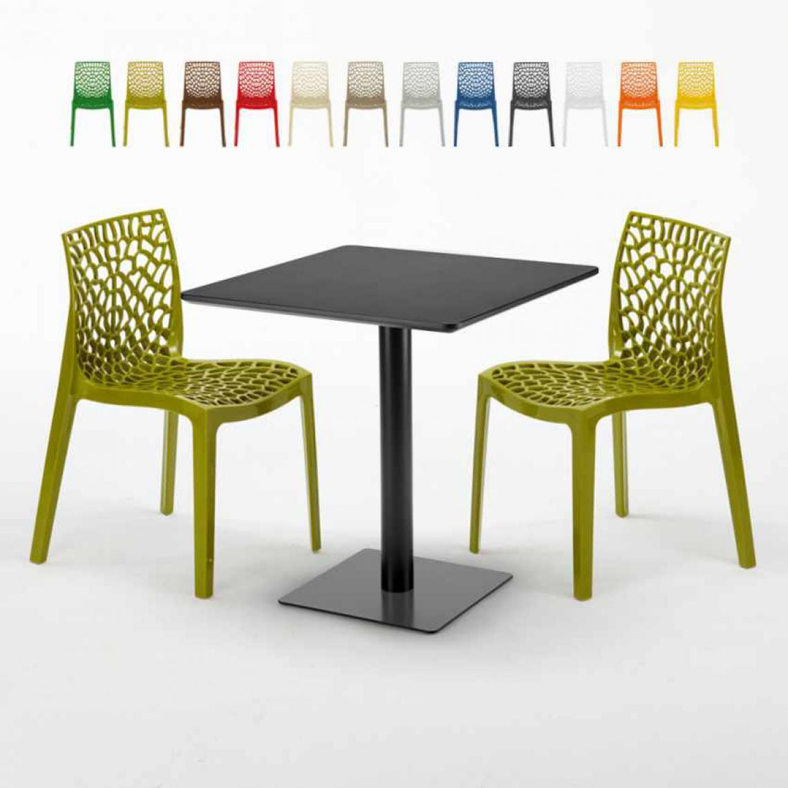 Grand Soleil - Table carrée noire 70x70 avec 2 chaises colorées Gruvyer Kiwi, Couleur: Anis vert - Tables à manger
