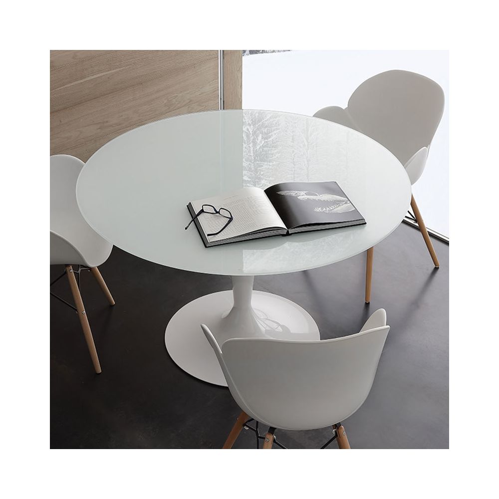 Nouvomeuble - Table ronde blanche en verre et acier OLIVIA 2 - Tables à manger