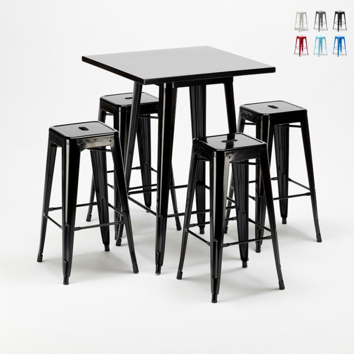 Ahd Amazing Home Design - Table haute et 4 tabourets en métal style Tolix industriel New York bars et pubs, Couleur: Noir - Tables à manger