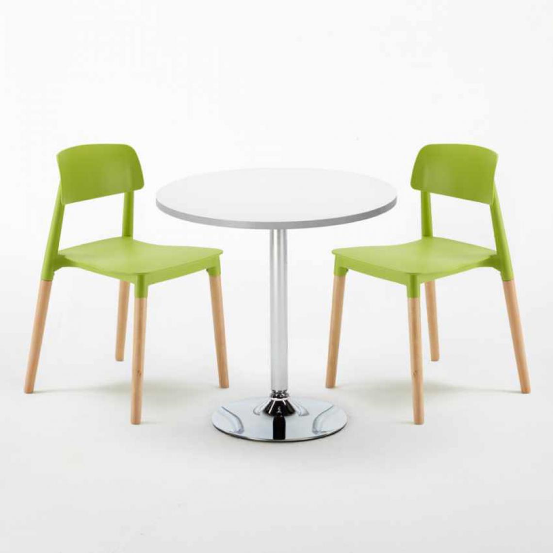 Ahd Amazing Home Design - Table Ronde Blanche 70x70cm Avec 2 Chaises Colorées Set Intérieur Bar Café Barcellona LONG Island, Couleur: Vert - Tables à manger