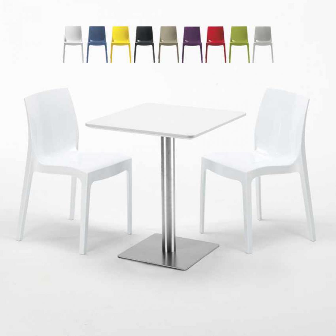 Grand Soleil - Table carrée 60x60 plateau blanc avec 2 chaises colorées Ice Hazelnut, Couleur: Blanc - Tables à manger