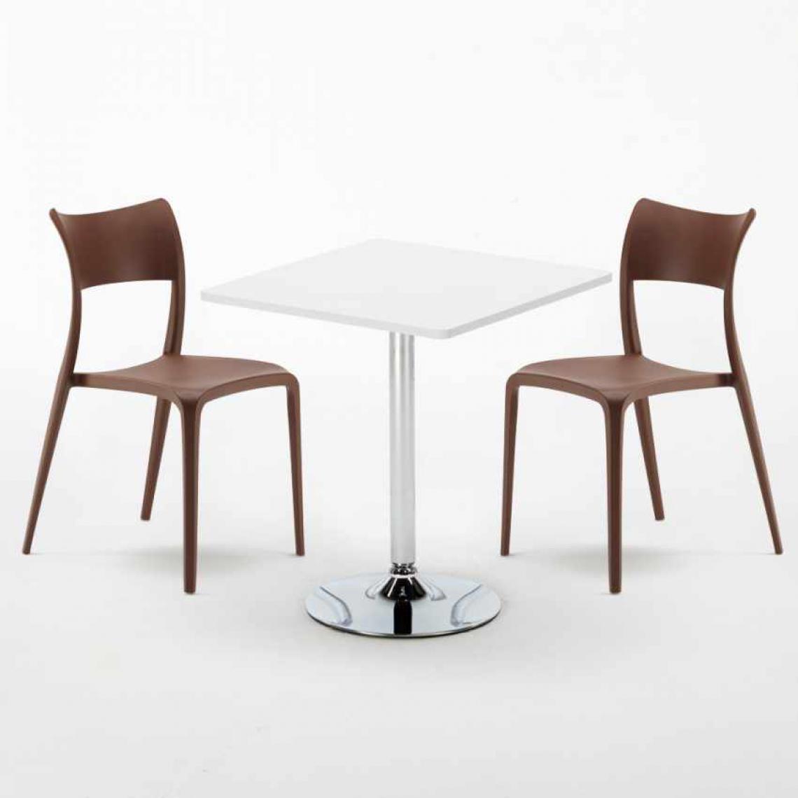 Ahd Amazing Home Design - Table Carrée Blanche 70x70cm Avec 2 Chaises Colorées Set Intérieur Bar Café Parisienne Cocktail, Couleur: Marron - Tables à manger