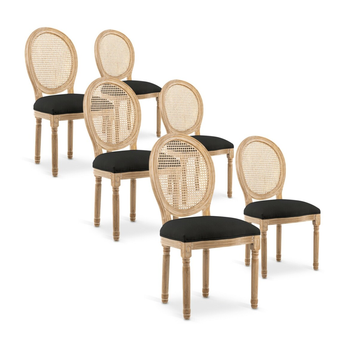 marque generique - Lot de 6 chaises médaillon Louis XVI Cannage Rotin tissu Noir - Chaises