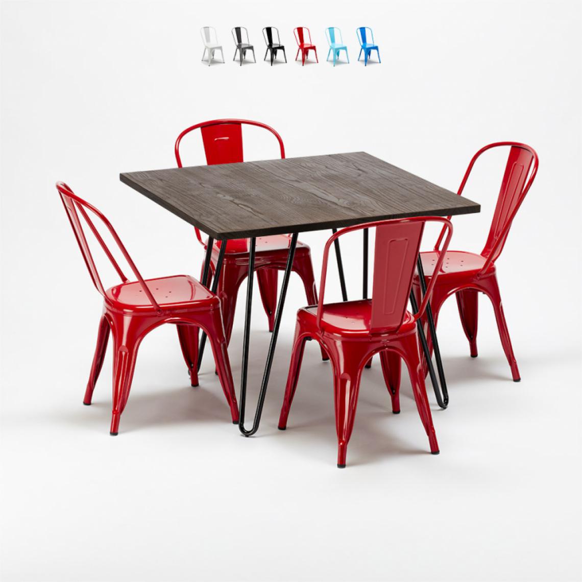 Ahd Amazing Home Design - Set de table carrée en bois et chaises en métal au design Tolix industriel Bay Ridge, Couleur: Rouge - Tables à manger