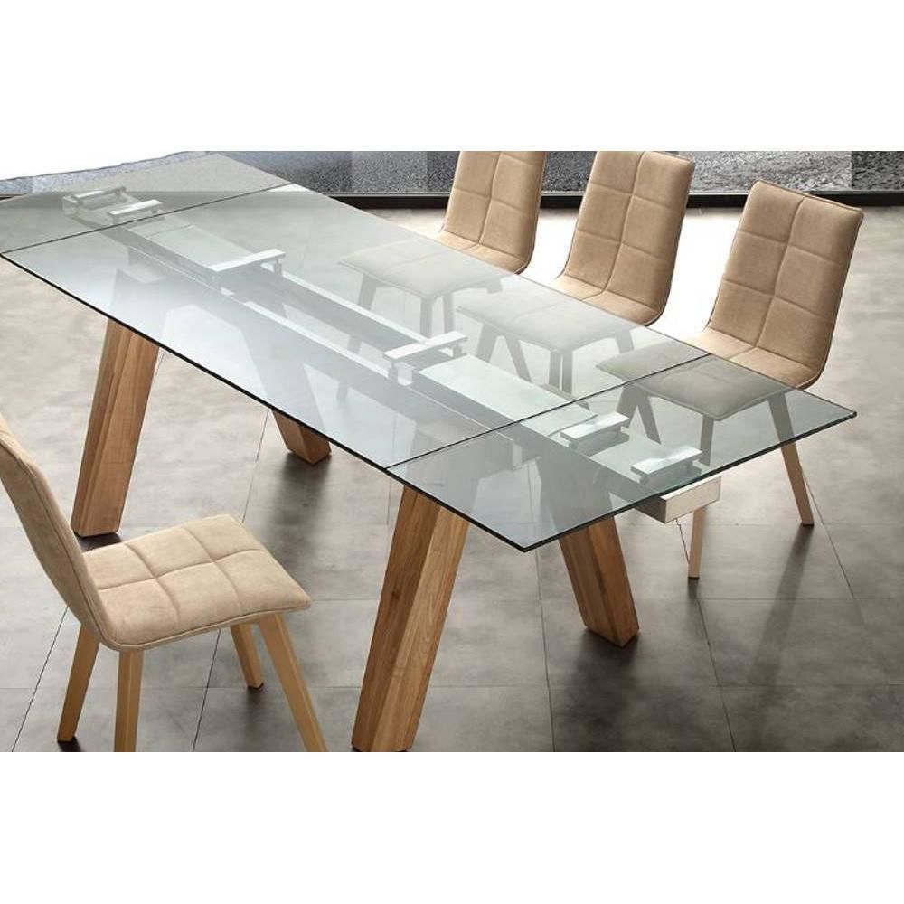 Inside 75 - Table repas extensible DESIGNA plateau en verre piétement bois naturel massif - Tables à manger