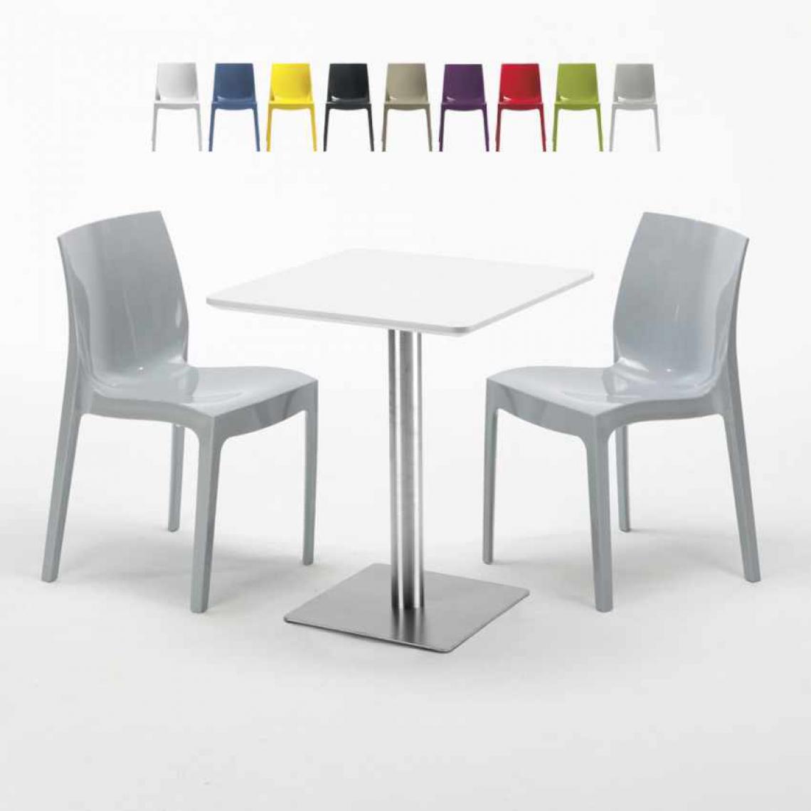 Grand Soleil - Table carrée 60x60 plateau blanc avec 2 chaises colorées Ice Hazelnut, Couleur: Gris - Tables à manger