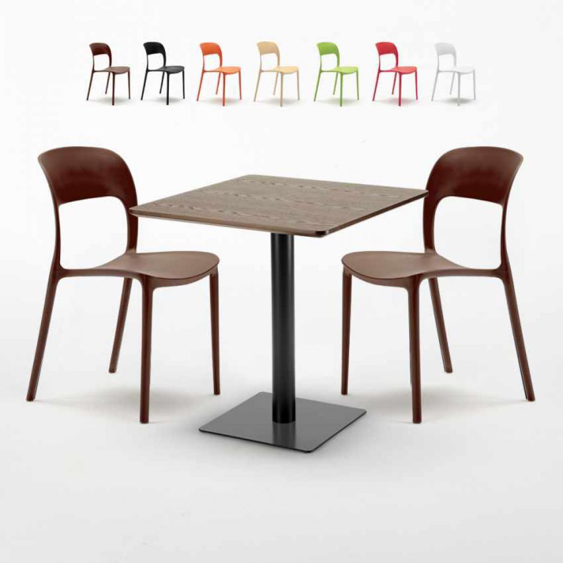 Ahd Amazing Home Design - Table carrée 70x70 effet bois avec 2 chaises colorées Restaurant Melon, Couleur: Marron - Tables à manger