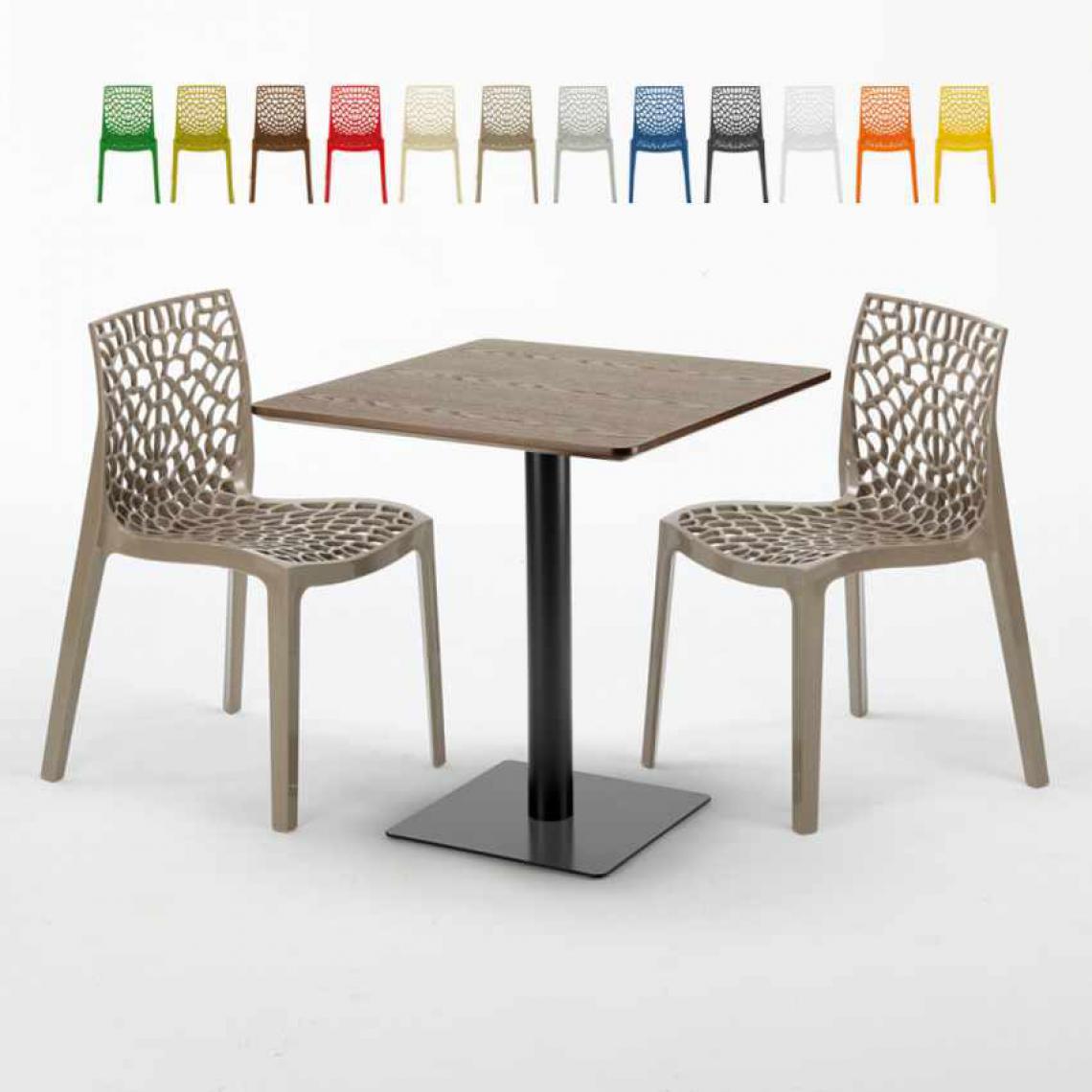 Grand Soleil - Table carrée 70x70 plateau effet bois avec 2 chaises colorées Gruvyer Melon, Couleur: Beige Juta - Tables à manger