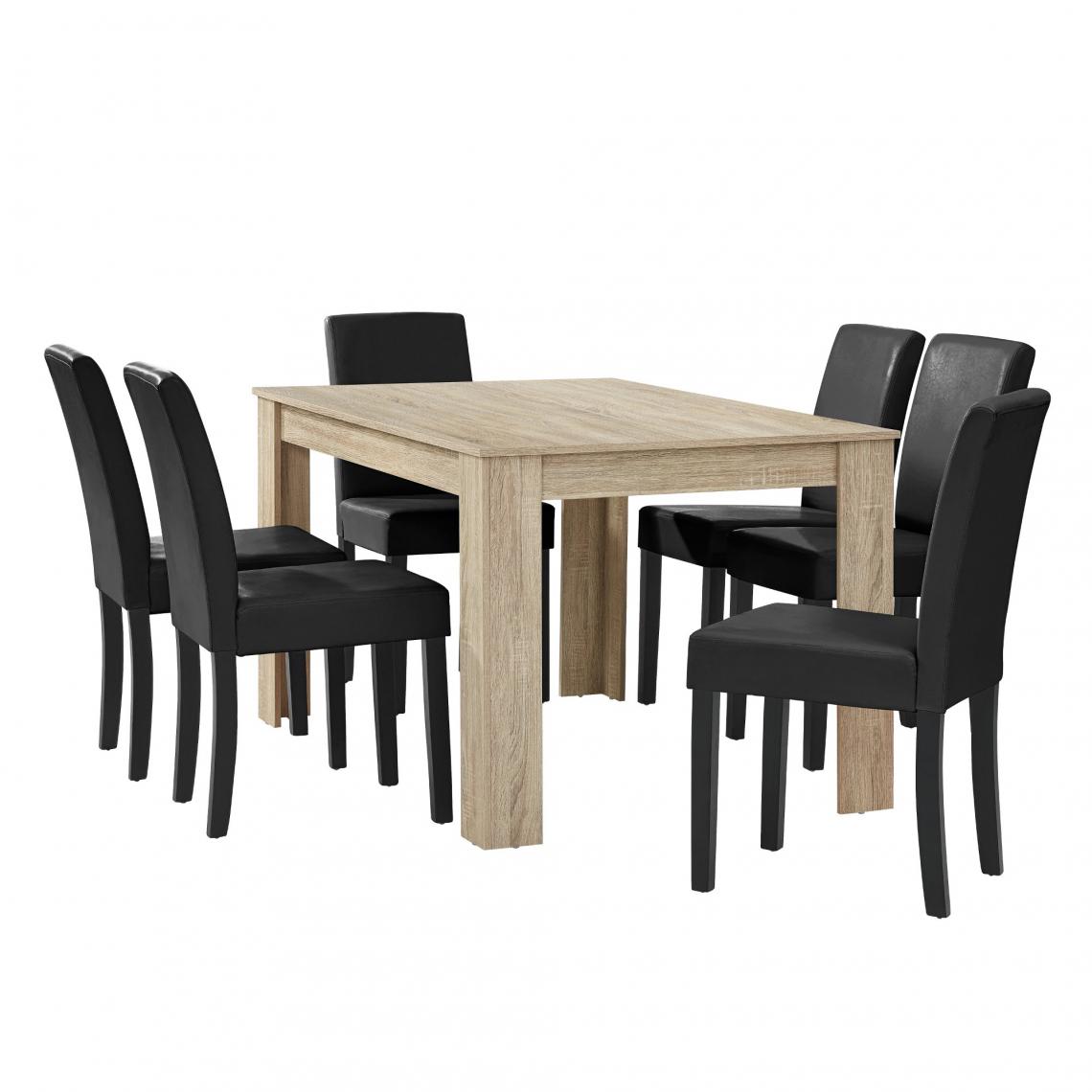 Helloshop26 - Table à manger chêne brilliant avec 6 chaises noir cuir-synthétique rembourré 140x90 cm 03_0004051 - Tables à manger
