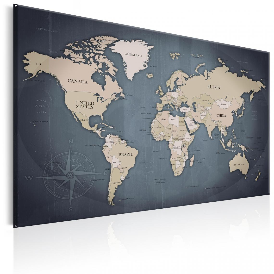 Decoshop26 - Tableau sur toile décoration murale image imprimée cadre en bois à suspendre Carte du monde : Nuances de gris 90x60 cm 11_0004354 - Tableaux, peintures