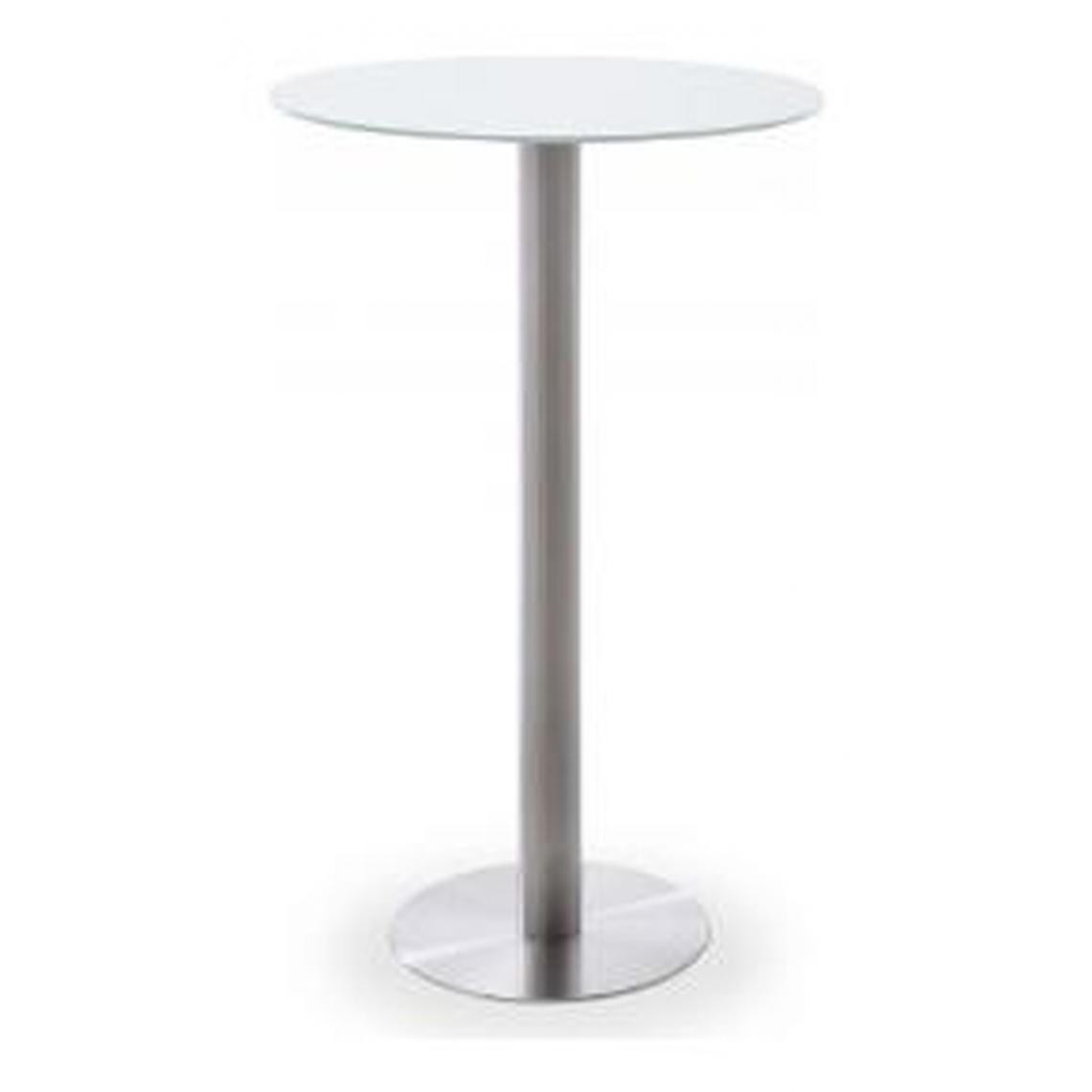 Pegane - Table bar ronde avec plateau céramique Blanc avec piètement acier brossé - L65 x H105 x P65 cm - Tables à manger