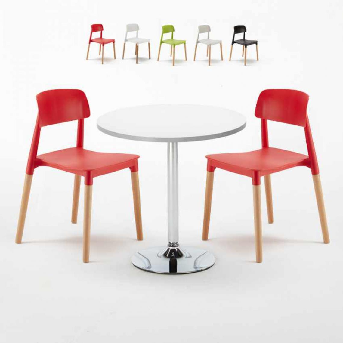 Ahd Amazing Home Design - Table Ronde Blanche 70x70cm Avec 2 Chaises Colorées Set Intérieur Bar Café Barcellona LONG Island, Couleur: Rouge - Tables à manger
