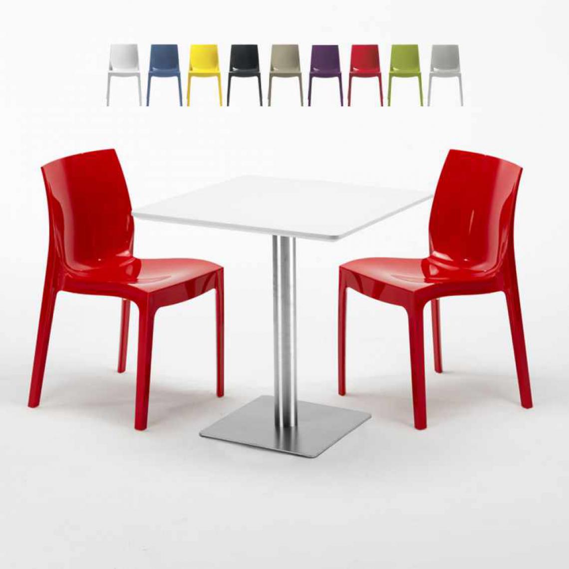Grand Soleil - Table carrée blanche 70x70 avec pied en acier et 2 chaises colorées Ice Strawberry, Couleur: Rouge - Tables à manger