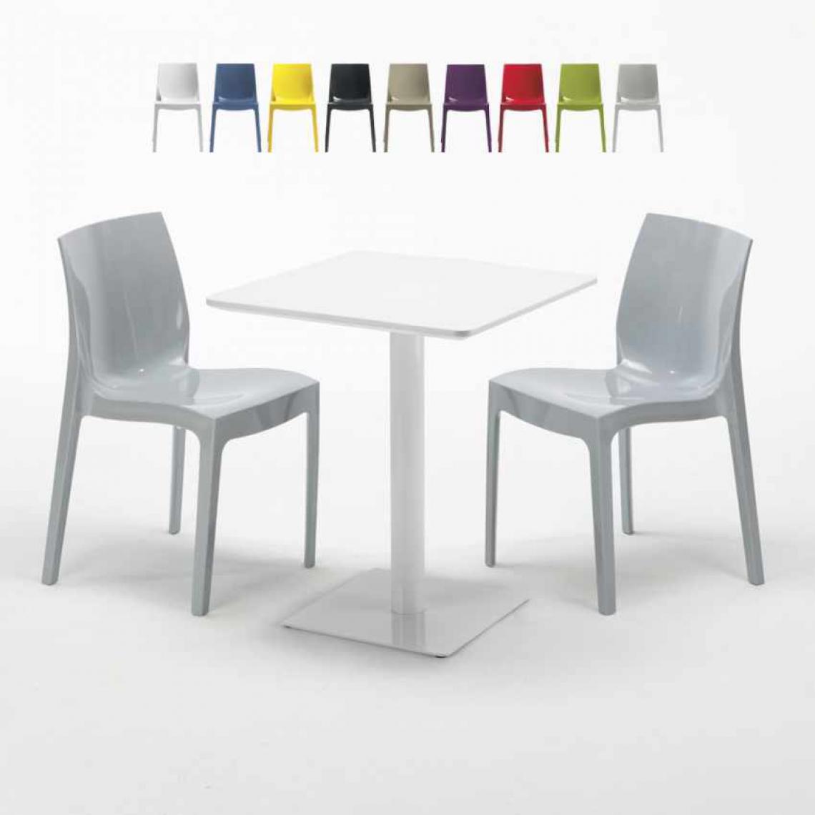 Grand Soleil - Table carrée 60x60 blanche avec 2 chaises colorées Ice Lemon, Couleur: Gris - Tables à manger