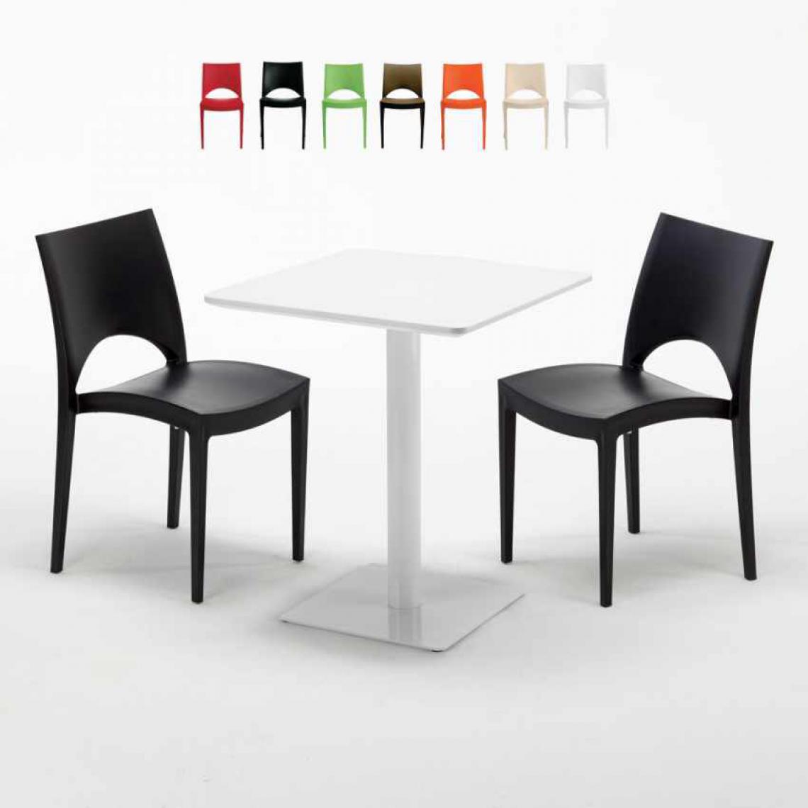 Grand Soleil - Table carrée 60x60 blanche avec 2 chaises colorées Paris Lemon, Couleur: Noir - Tables à manger