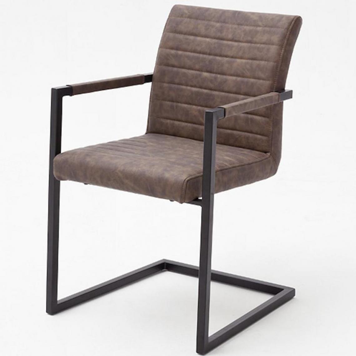 Inside 75 - Lot de 4 chaises KERRY tissu marron couture horizontale avec piètement tube carré métal noir mat avec accoudoirs - Chaises