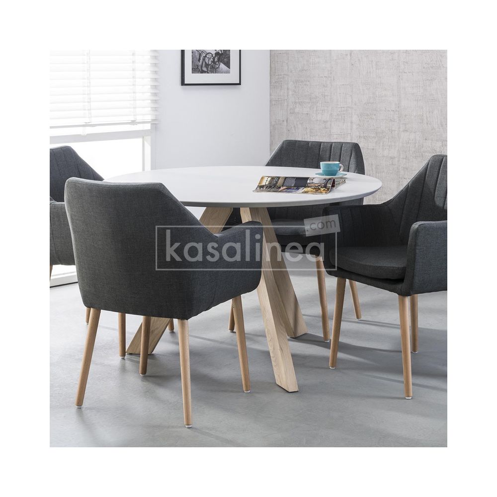 Kasalinea - Table à manger ronde blanche pieds en chêne massif ENORA - Tables à manger