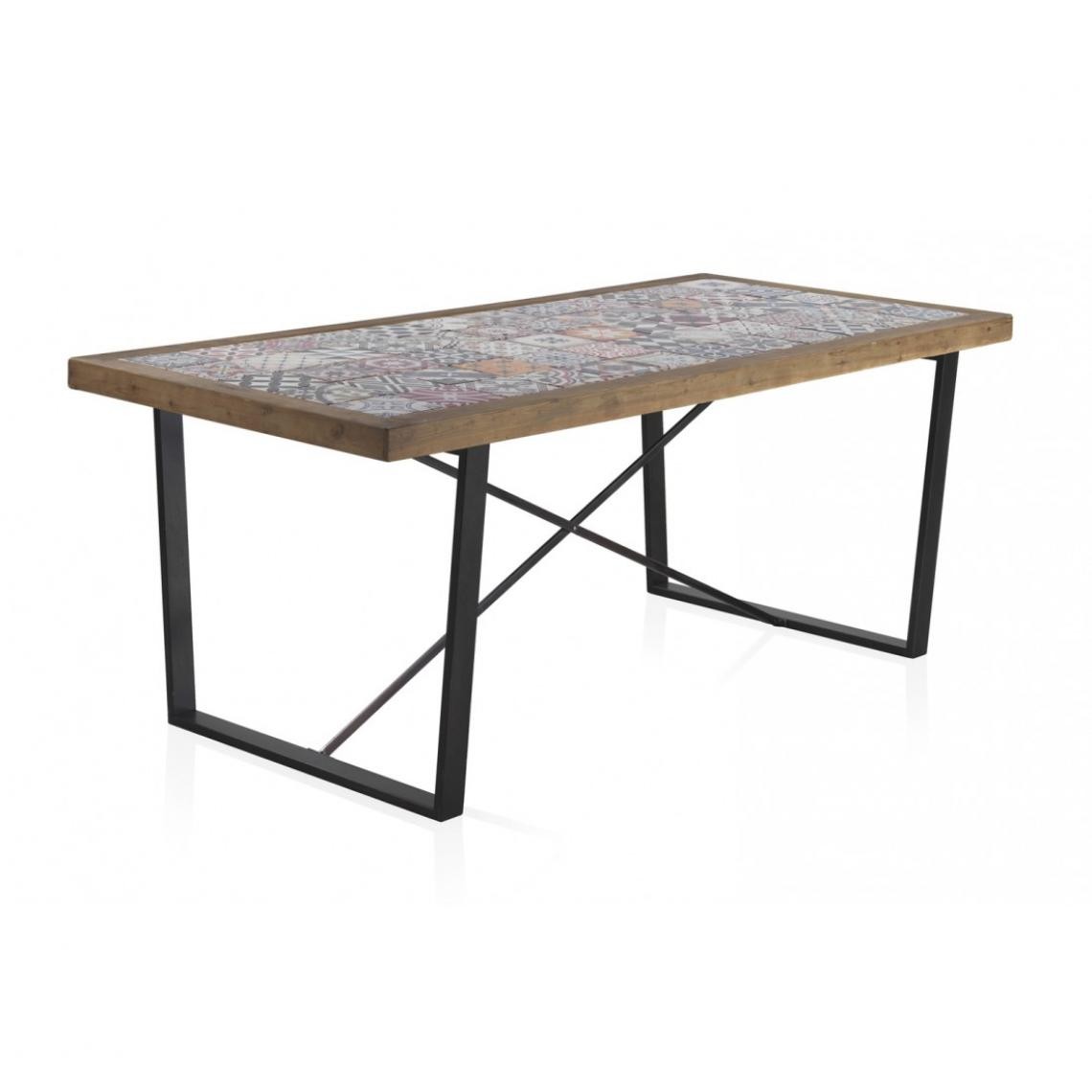 Pegane - Table à manger en bois de sapin multicolore et métal coloris noir - Longueur 195 x Hauteur 77 x Largeur 90 cm - Tables à manger