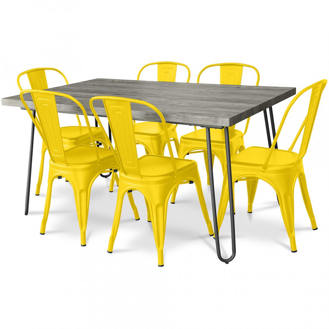 Iconik Interior - Table à manger Hairpin gris 150x90 + 6 Chaise Style Tolix - Tables à manger