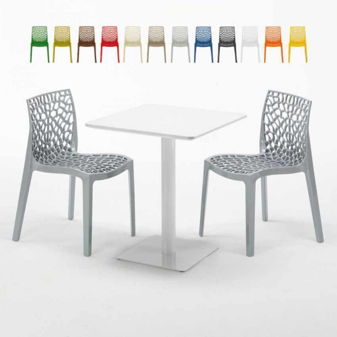 Grand Soleil - Table carrée 60x60 blanche avec 2 chaises colorées Gruvyer Lemon, Couleur: Gris - Tables à manger