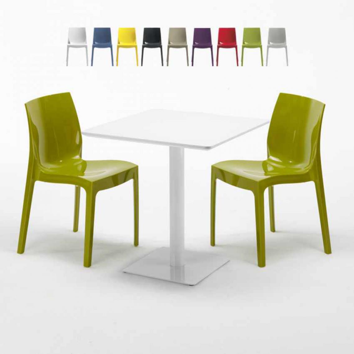 Grand Soleil - Table carrée 70x70 blanche avec 2 chaises colorées Ice Meringue, Couleur: Vert - Tables à manger