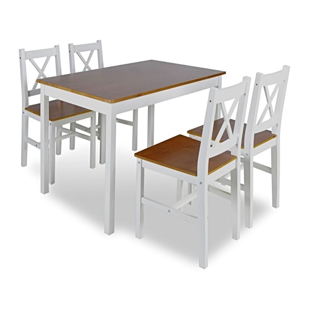 Helloshop26 - Ensemble table salle à manger 108 cm salon en bois de pin + 4 chaises blanc et marron 0902032 - Tables à manger