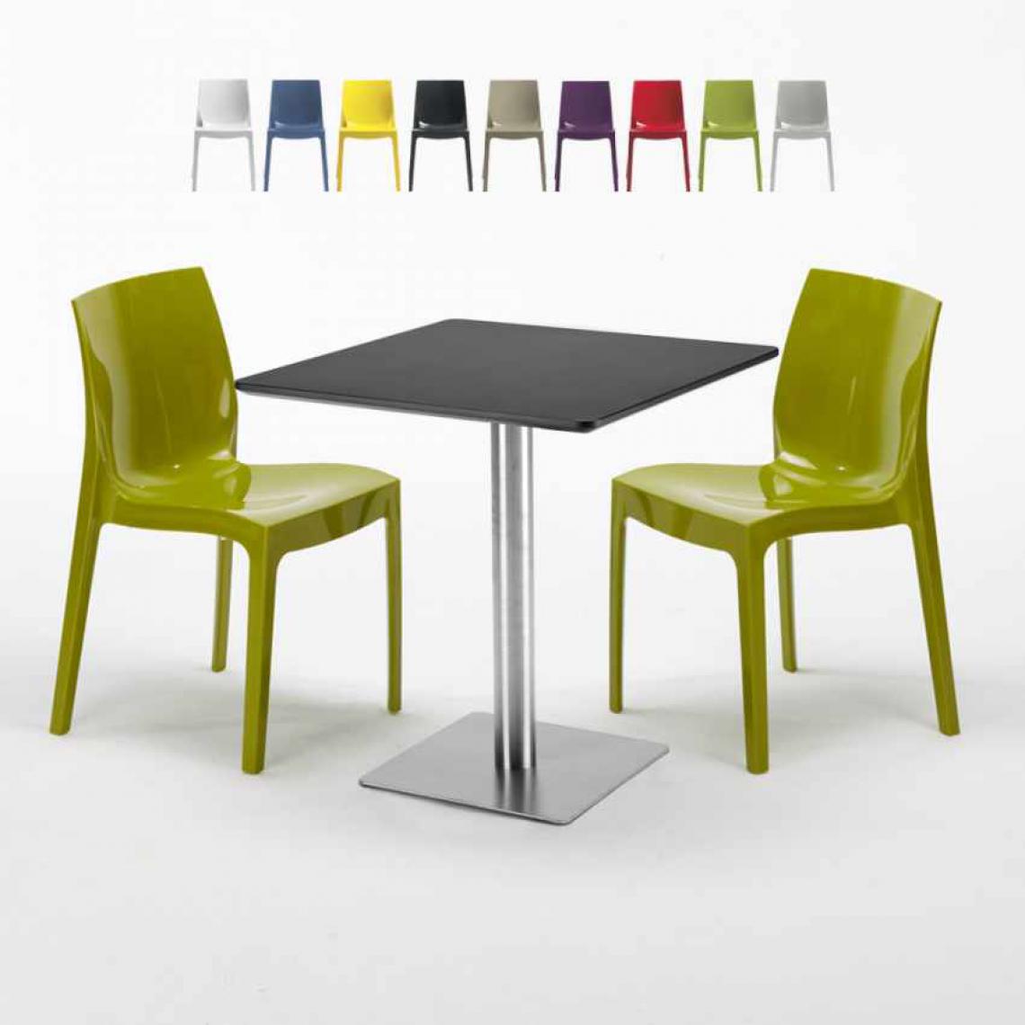 Grand Soleil - Table carrée noire 70x70 avec 2 chaises colorées Ice RUM RAISIN, Couleur: Vert - Tables à manger