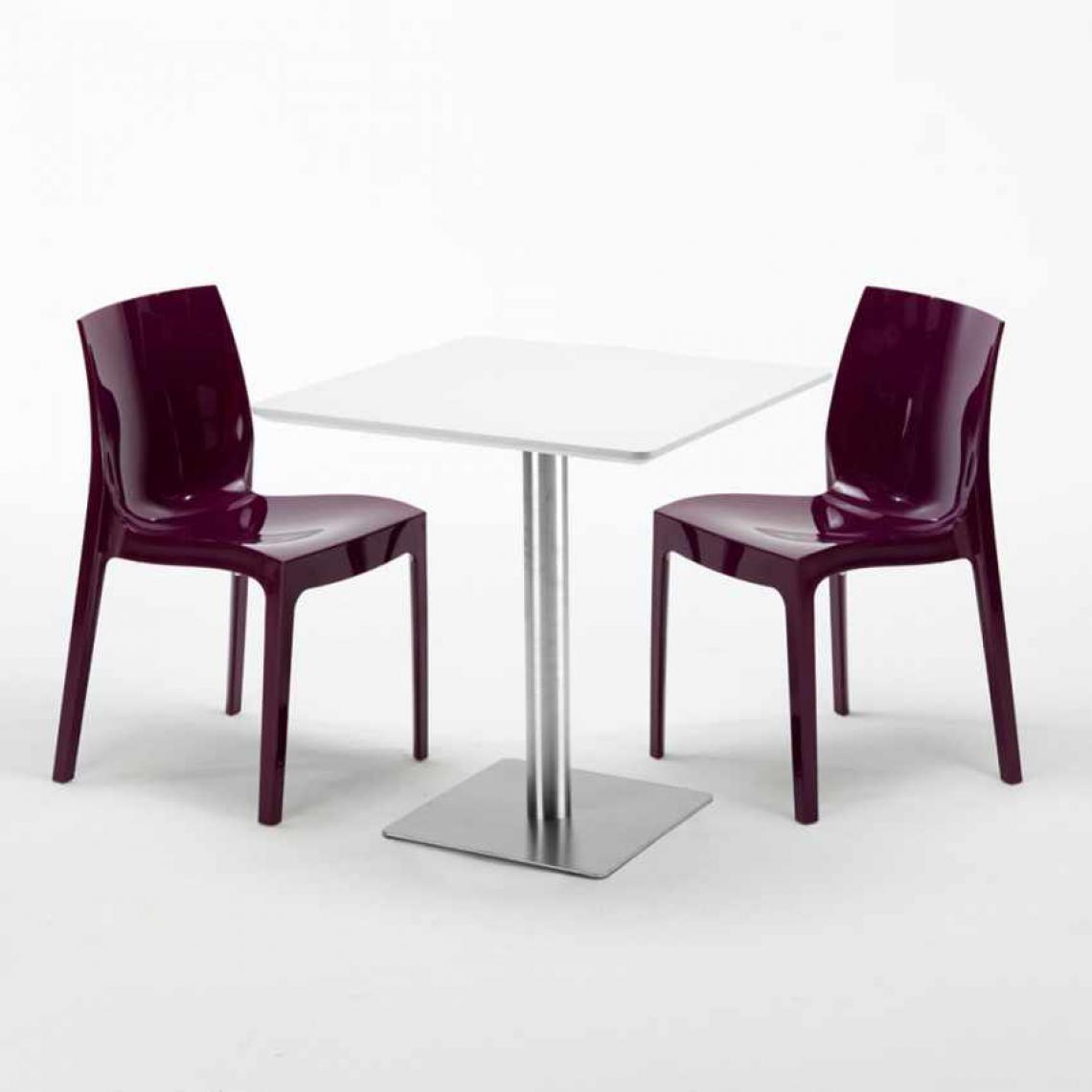 Grand Soleil - Table carrée blanche 70x70 avec pied en acier et 2 chaises colorées Ice Strawberry, Couleur: Pourpre - Tables à manger