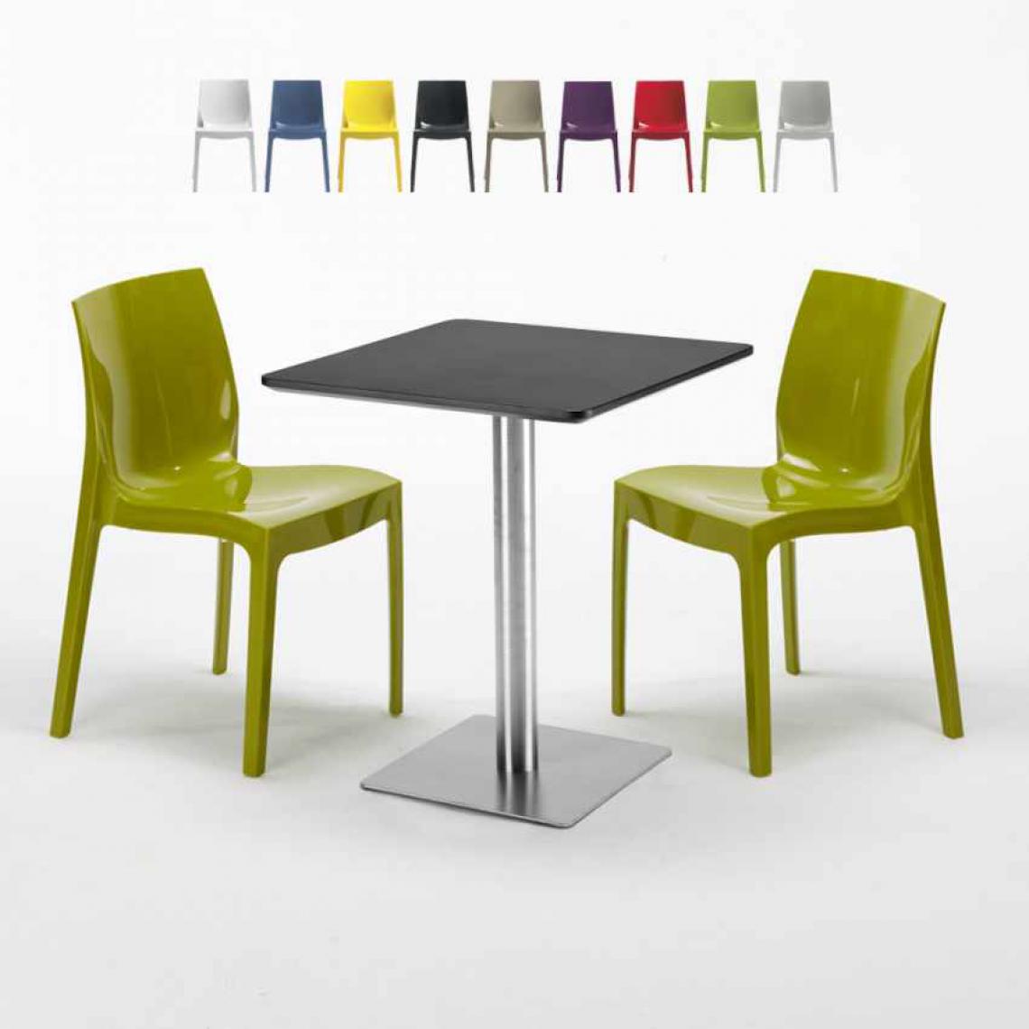 Grand Soleil - Table carrée 60x60 cm Base Argent E Top Noir Avec 2 Chaises Colorées Ice Pistachio, Couleur: Vert - Tables à manger