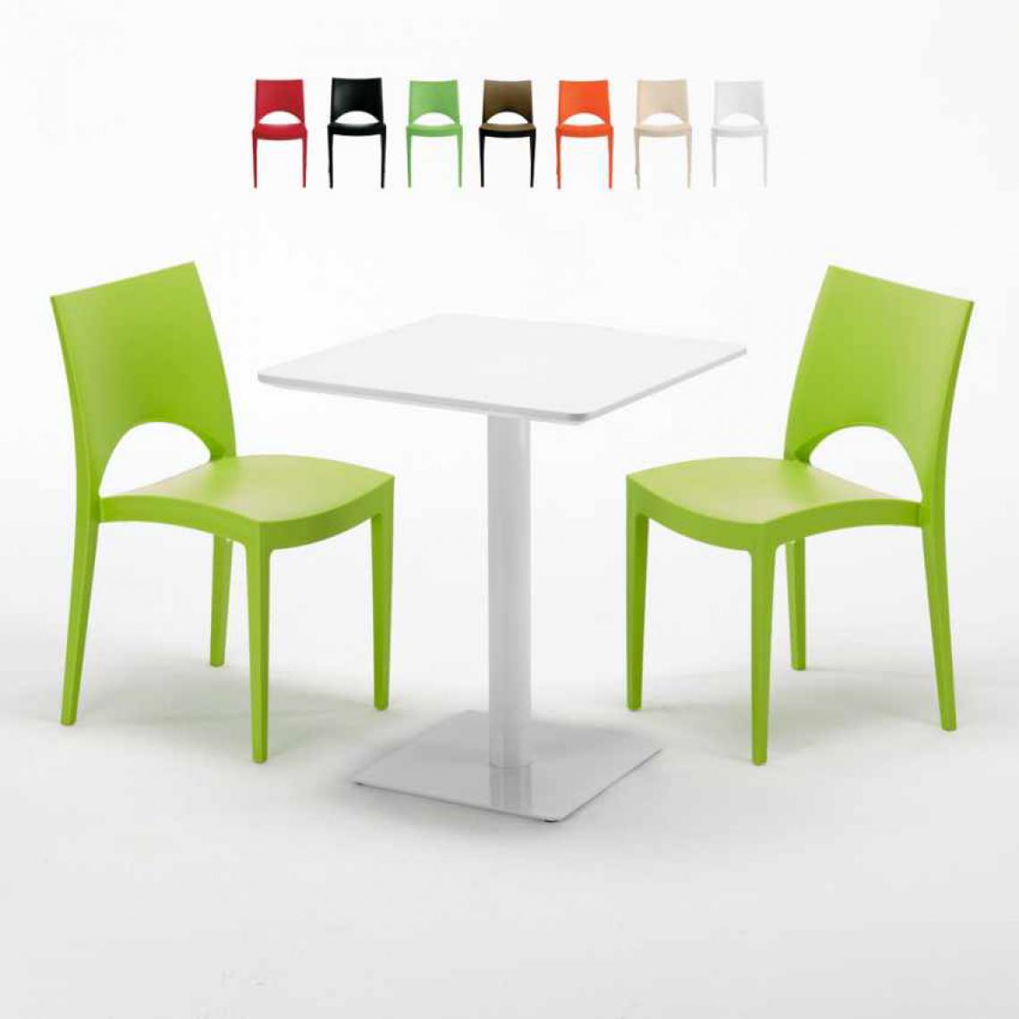 Grand Soleil - Table carrée 60x60 blanche avec 2 chaises colorées Paris Lemon, Couleur: Vert - Tables à manger