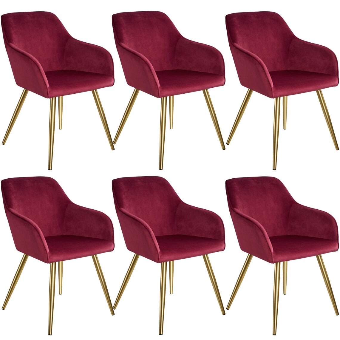 Tectake - 6 Chaises MARILYN Effet Velours Style Scandinave - bordeaux/or - Chaises