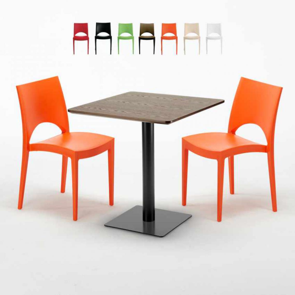 Grand Soleil - Table carrée 70x70 plateau effet bois avec 2 chaises colorées Paris Melon, Couleur: Orange - Tables à manger