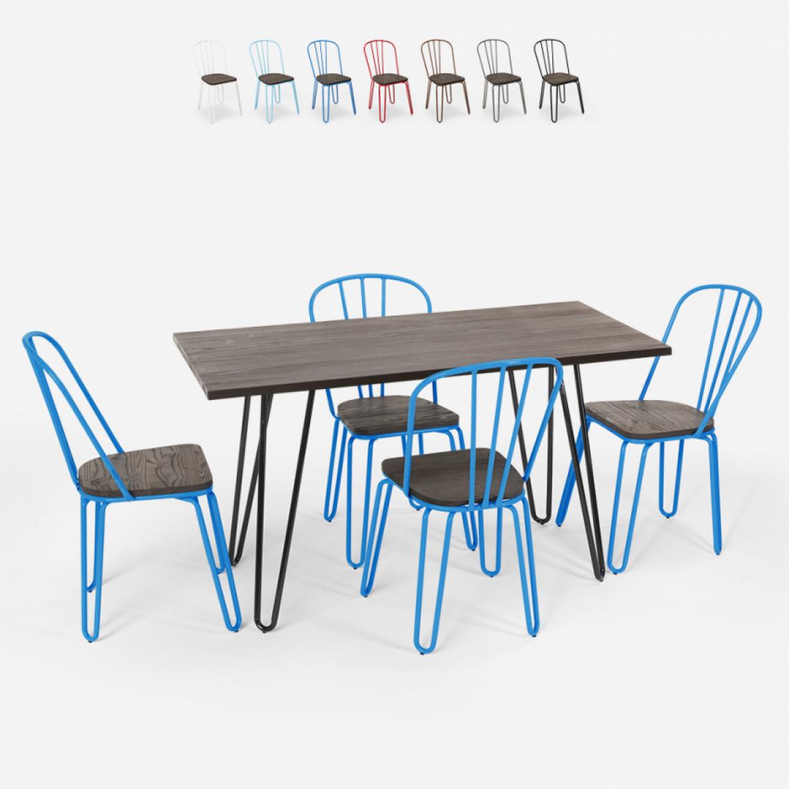 Ahd Amazing Home Design - Set de table rectangulaire 120x60 avec 4 chaises en bois et acier design industriel Tolix Magis, Couleur: Bleu - Tables à manger