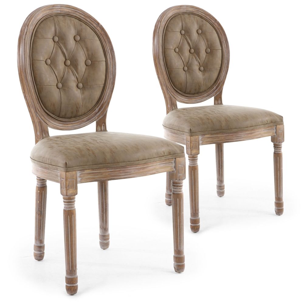 MENZZO - Lot de 2 chaises de style médaillon Louis XVI Bois patiné & Simili capitonné taupe - Chaises
