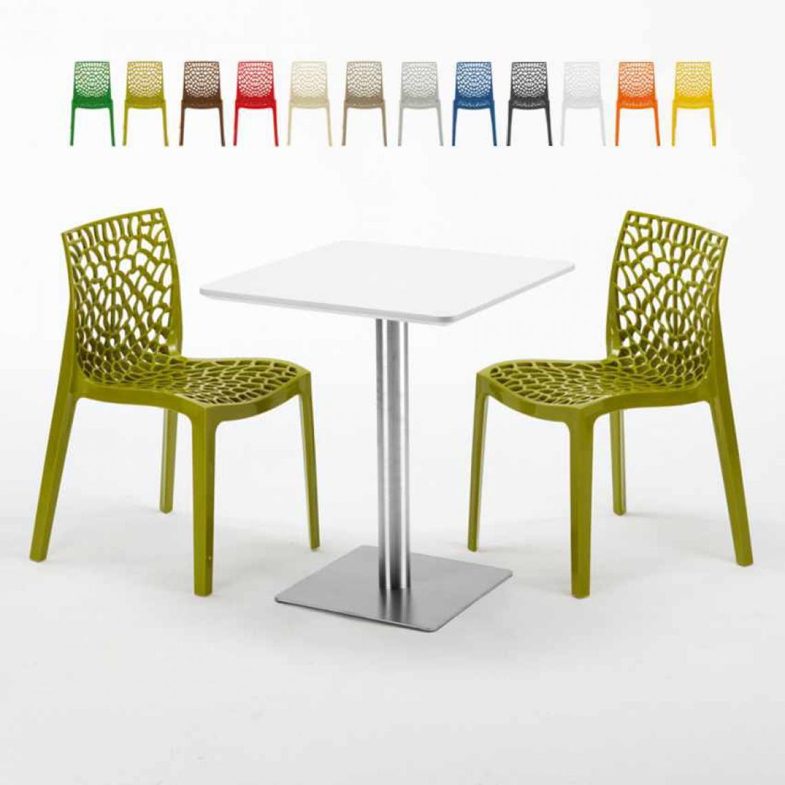 Grand Soleil - Table carrée 60x60 plateau blanc avec 2 chaises colorées Gruvyer Hazelnut, Couleur: Anis vert - Tables à manger