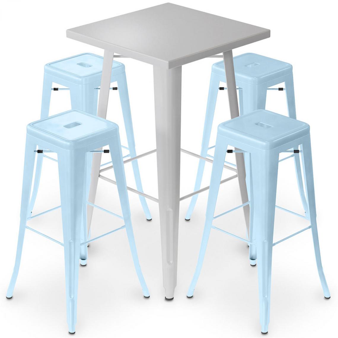 Iconik Interior - Table de bar argentée + 4 tabourets de bar en acier mat Ensemble Bistrot Stylix Design industriel - Nouvelle édition Bleu clair - Chaises
