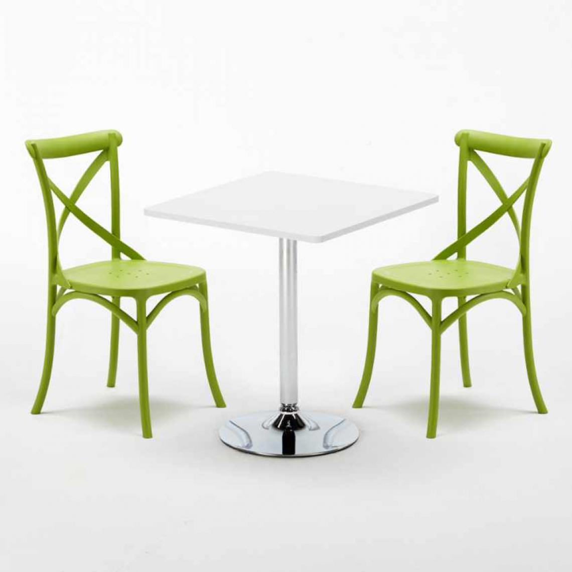 Ahd Amazing Home Design - Table Carrée Blanche 70x70cm Avec 2 Chaises Colorées Set Intérieur Bar Café Vintage Cocktail, Couleur: Vert - Tables à manger