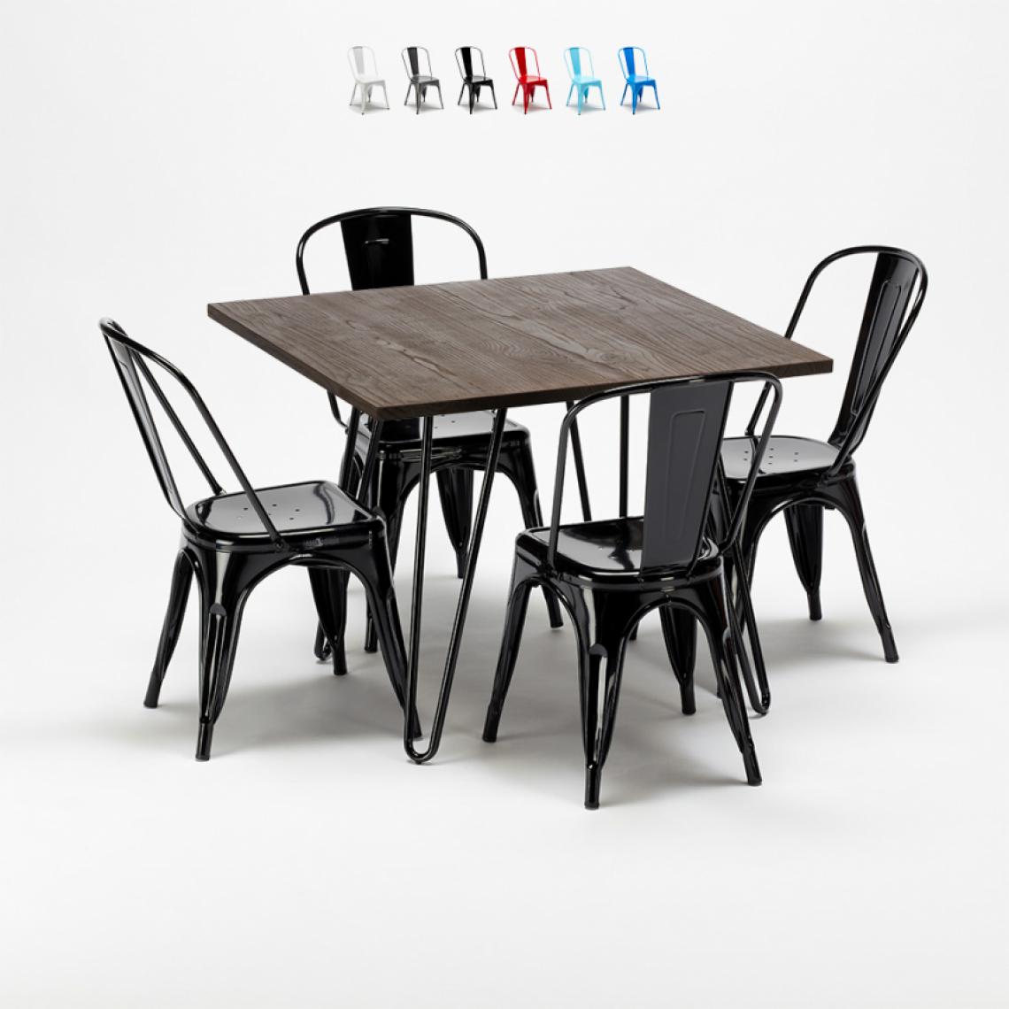 Ahd Amazing Home Design - Set de table carrée en bois et chaises en métal au design Tolix industriel Bay Ridge, Couleur: Noir - Tables à manger