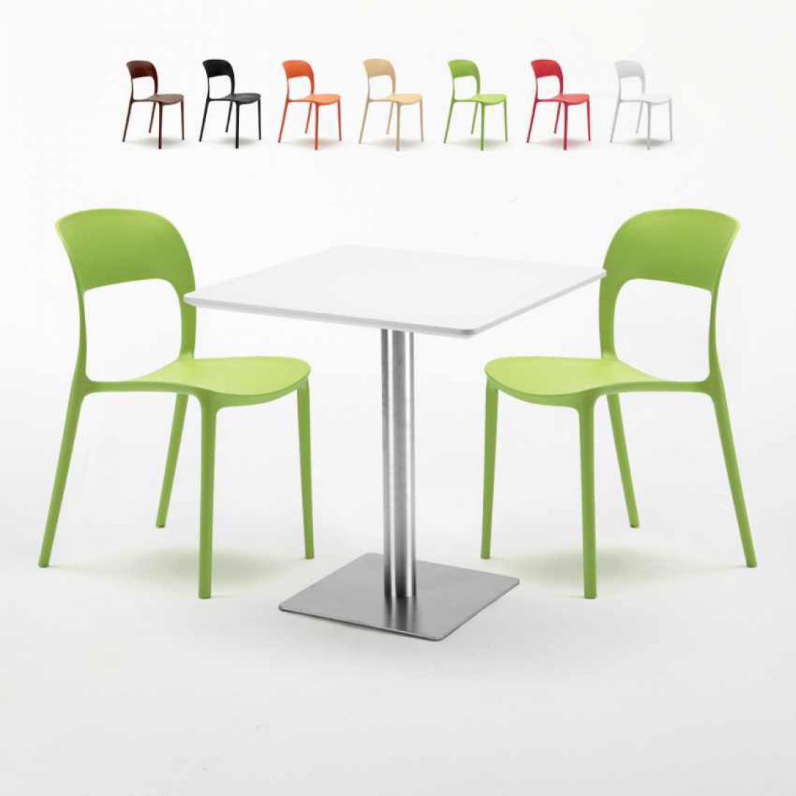 Ahd Amazing Home Design - Table carrée blanche 70x70 avec pied en acier et 2 chaises colorées Restaurant Strawberry, Couleur: Vert - Tables à manger