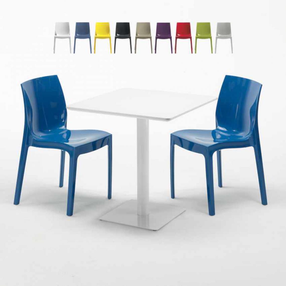 Grand Soleil - Table carrée 70x70 blanche avec 2 chaises colorées Ice Meringue, Couleur: Bleu - Tables à manger