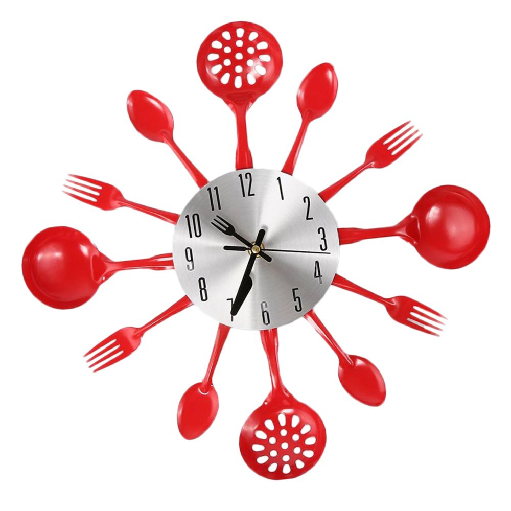 marque generique - Horloge murale cuisine 3d cuisine cuillère fourchette horloge murale paroi murale salle rouge - Horloges, pendules