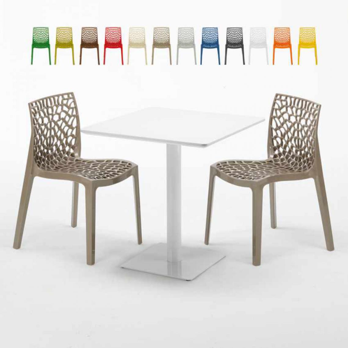 Grand Soleil - Table carrée 70x70 blanche avec 2 chaises colorées Gruvyer Meringue, Couleur: Beige Juta - Tables à manger