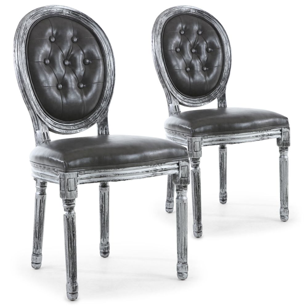 MENZZO - Lot de 2 chaises de style médaillon Louis XVI Bois noir patiné argent & Simili capitonné gris - Chaises
